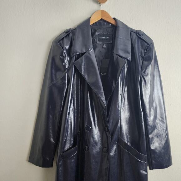 NWT Eloquii Faux Leather Longline Trenchcoat Black Double Breasted 14/16 - Picture 2 of 11